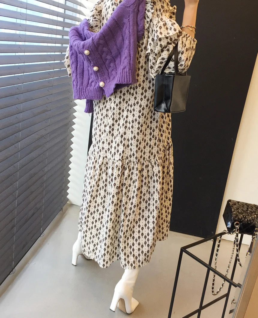 

Long Sleeve Minimalist Ruffles Pleated A-Line Dress Autumn Female New Loose Casual Round Neck Patchwork Print