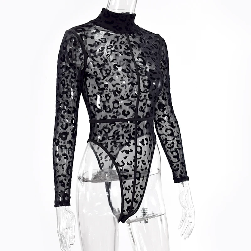 Женское боди с высоким воротником длинным рукавом и леопардовым принтом