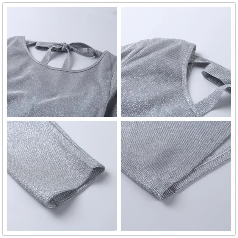 Женское платье с открытой спиной Fuedage серебристое Клубное вечернее блестками и