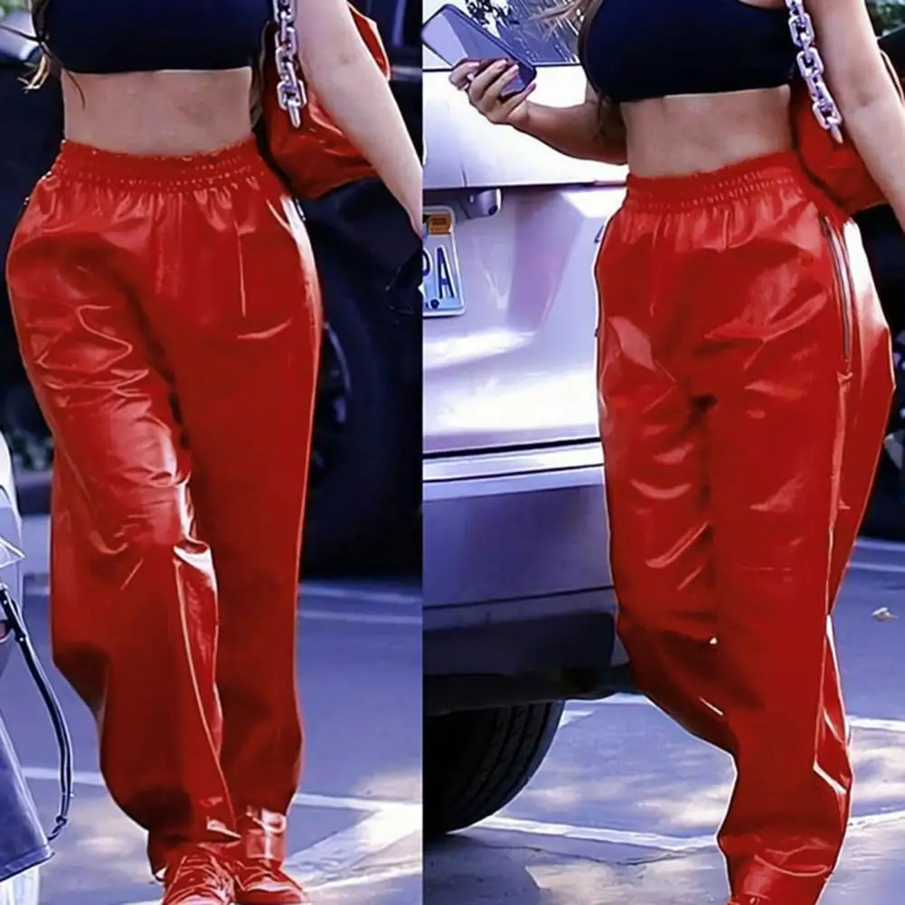 

Women Autumn Winter Faux Leather Loose Pockets Solid Color Pants Club Trousers