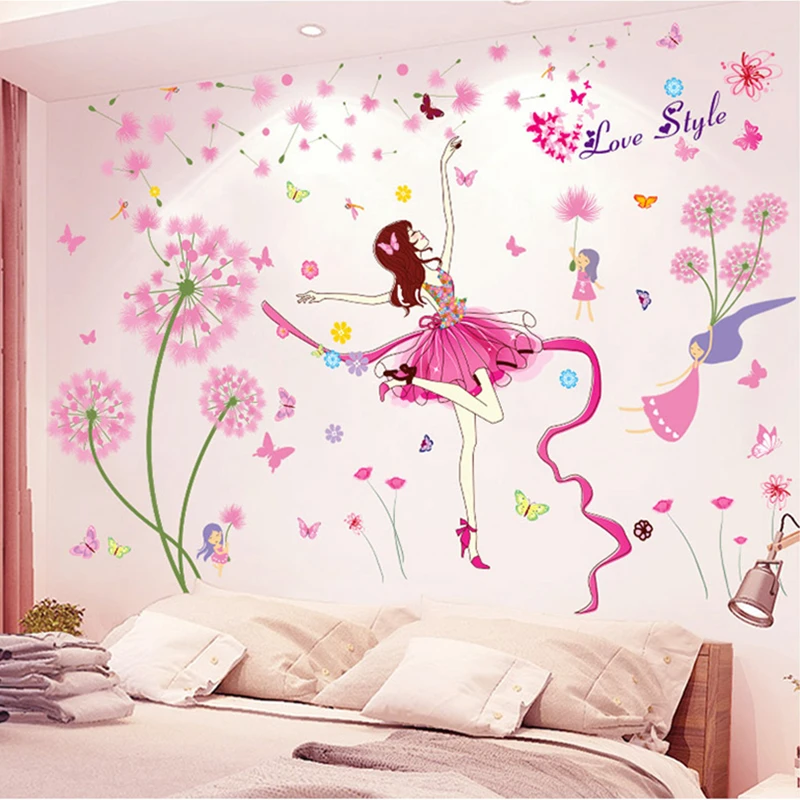 

[SHIJUEHEZI] Pink Dandelion Flowers Wall Stickers DIY Girl Dancer Wall Decals for Living Room Kids Rooms Kitchen Home Decoration