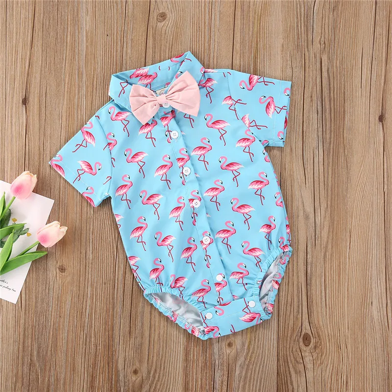 

Newborn Baby Boy Gentleman Rompers 0-24M Short Sleeve Bow Tie Cartoon Printed Romper Jumpsuit Playsuit Outfits Summer Clothes