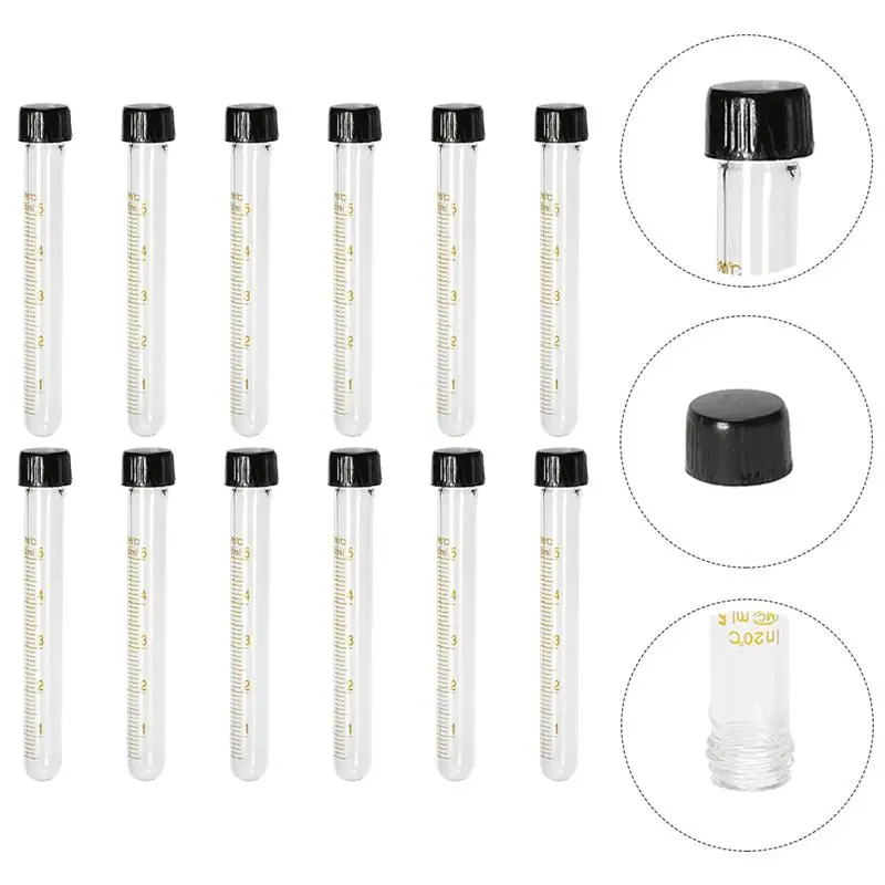 

12pcs Glass Test Tube Transparent Serological Test Tubes with Black Screw Caps