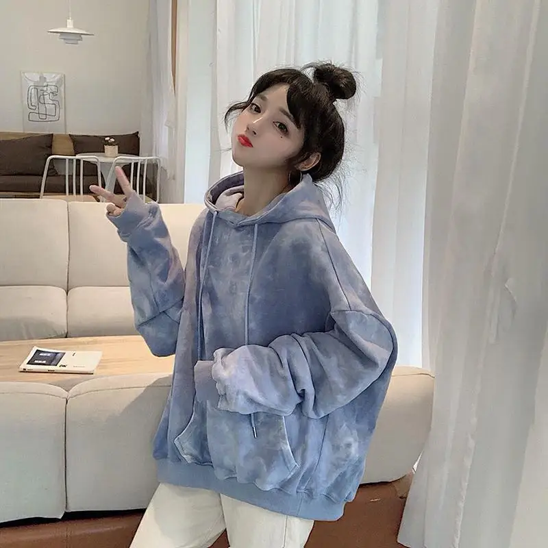 

Multicolor Tie Dye Sweatshirt Women Clothes Hoodies Pockets Long Sleeve Drawstring Trendy Korean Style Causal Loose Hooded Tops