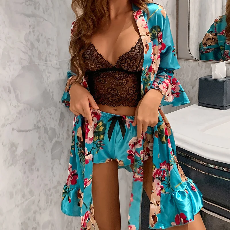 

3PC Nightdress Robe Sleep Suit Womens Lace Silk Satin Pajamas Gown Set Lace Top Short Cami Nighties Wear Pijama Nightwear 2021