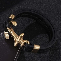 vintage cross double layer leather bracelet golden stainless steel easy hook buckle charm bangles men jewelry gifts