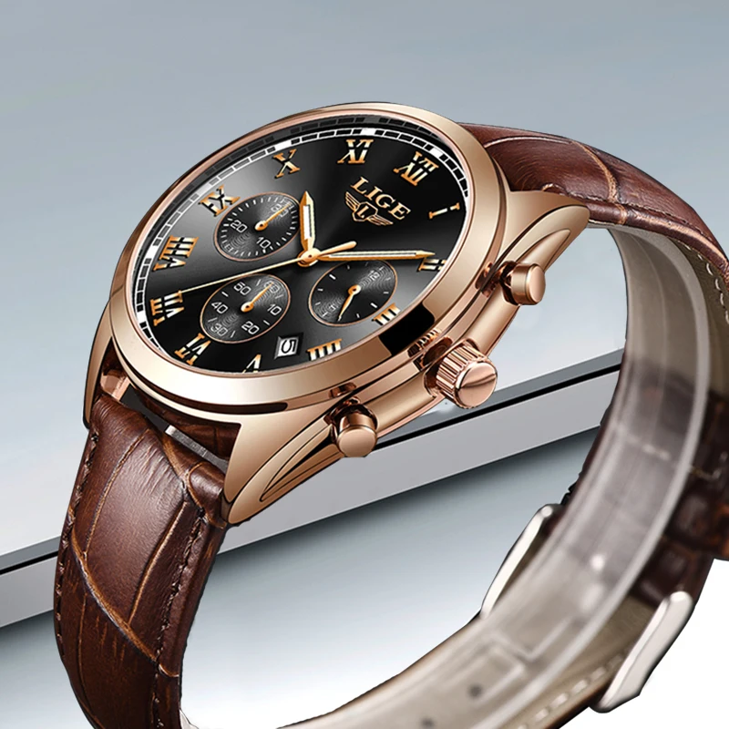 Часы наручные LIGE мужские с автоматической датой кварцевые брендовые