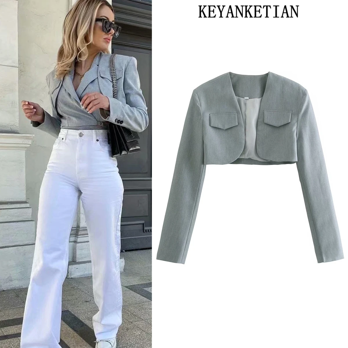 

KEYANKETIAN Short suit jacket 2021 spring and autumn women's new style no button suit jacket high waist sexy chic suit