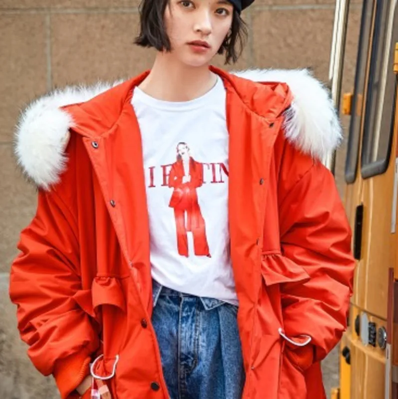 Повседневная парка Feminina Ukraine с большим меховым воротником свободного размера