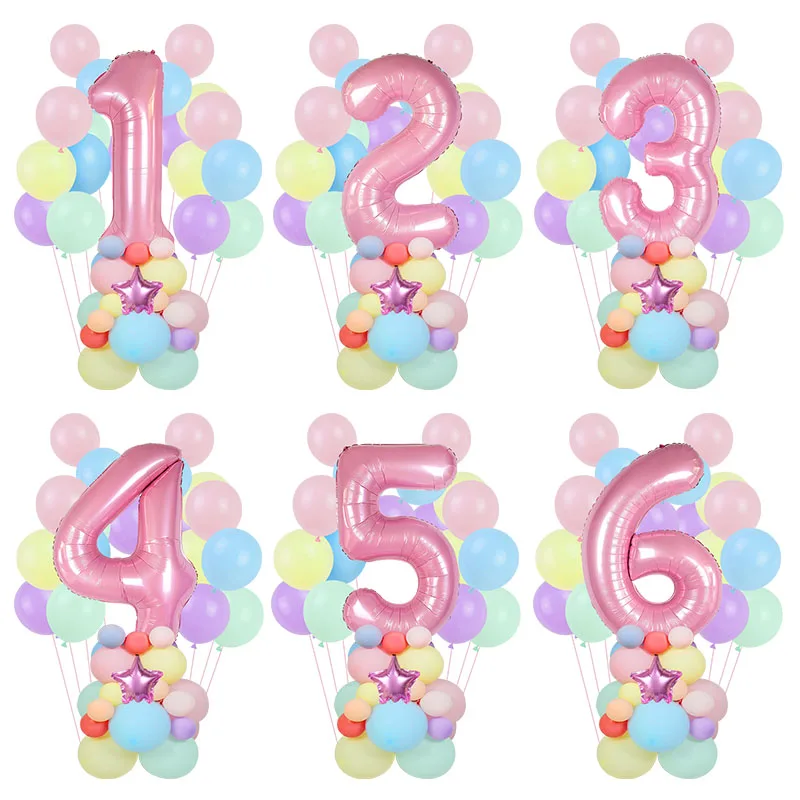 

63pcs/set 40inch Pink Number Foil Balloon 10inch Macaron Latex Balloons Mini Star Girls 1-9 Birthday Party Decoration Air Globos