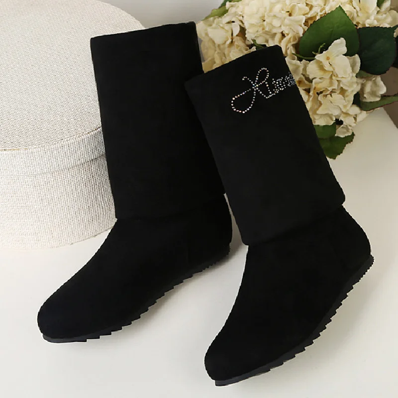 Женские высокие сапоги на осень-зиму модные флоковые до колена женская черная