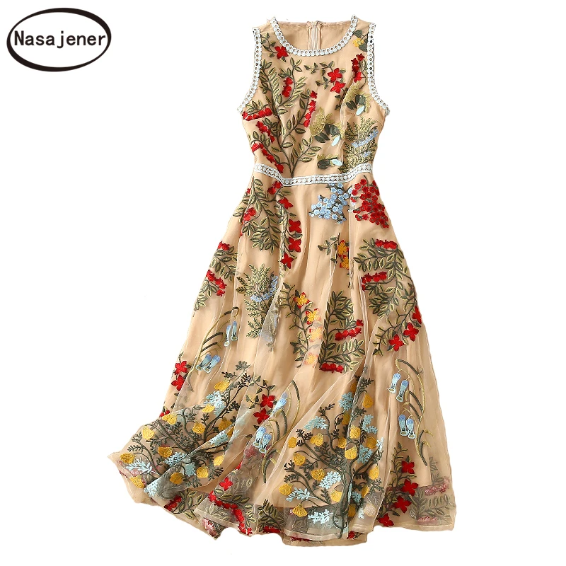 Модное подиумное летнее Сетчатое миди-платье для женщин без рукавов с цветочной