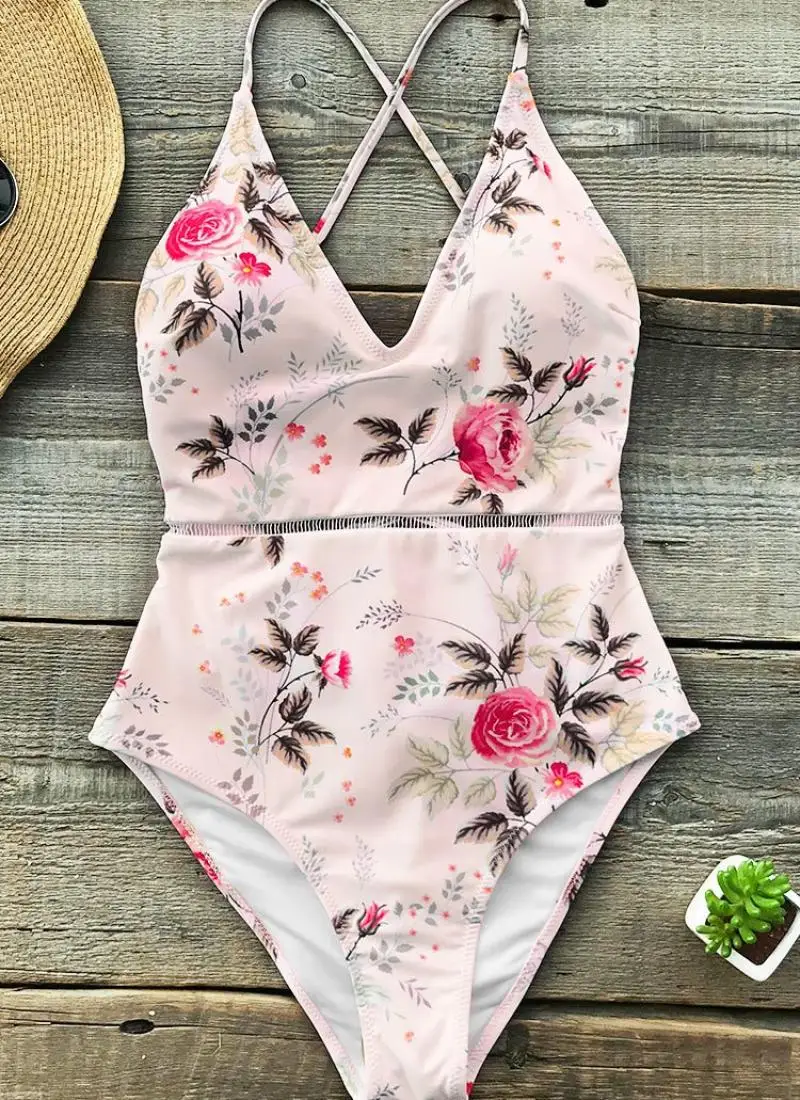Женский слитный купальник с цветочным принтом монокини глубоким v-образным