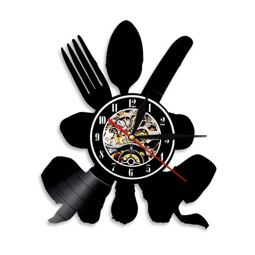 

Tableware Fork CD Vinyl Record Wall Clock Theme DIY Removable Art Watch Clock Black Duvar Saati Home Decorative Room Decor