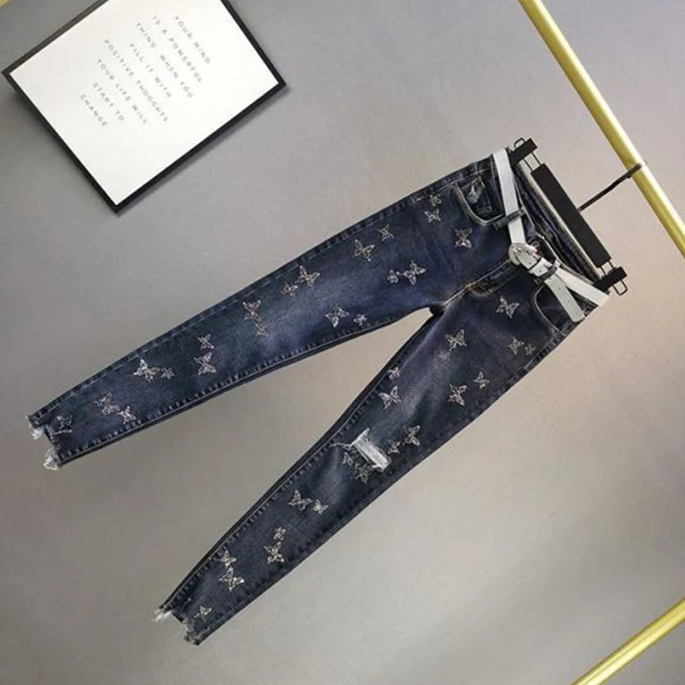 Джинсы женские рваные с завышенной талией модные брюки-карандаш из денима