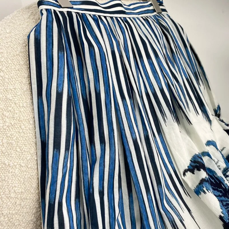 

2021 Spring Women Fashion Top Quality Placing Print Long Skirt Suit for Elegant Long Sleeve Stand Collar Blouse