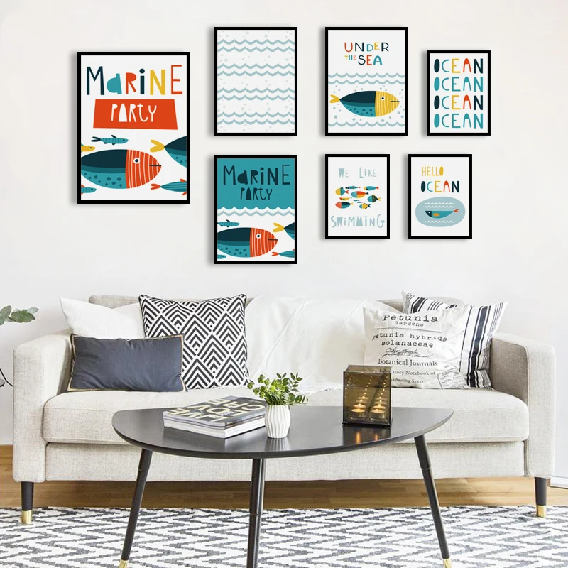 Simple Abstract Cartoon Ocean Fish English Wall Art Canvas Painting Poster Print Decor Picture Home Kids Room | Дом и сад