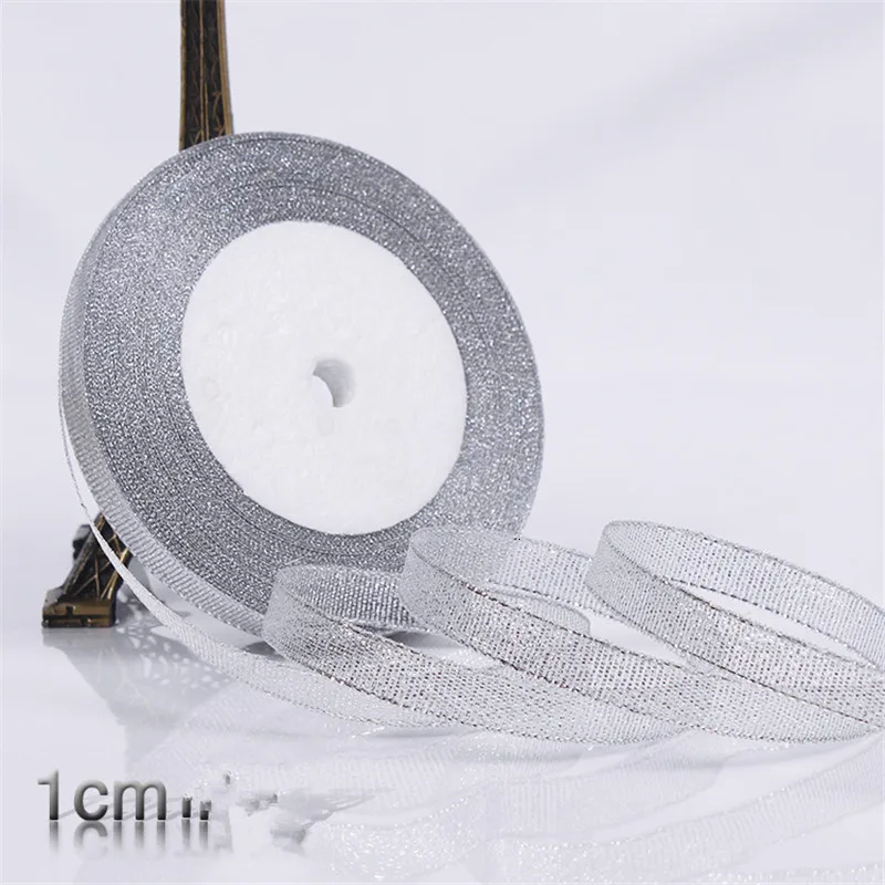 1CM Silver Золотой/Серебряный шелк атлас органза лента 0,6-5 см блестящие вышитые ленты для свадебного торта подарок украшения ремесла поставки - Цвет: 1CM Silver