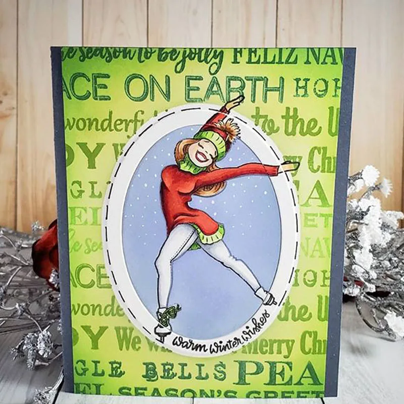 Силиконовый прозрачный штамп с изображением девушки на коньках + фразы