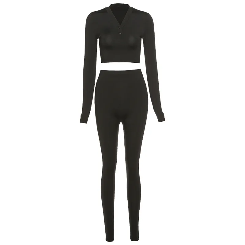 

Skinny V Neck Tops Letter Embroidery Seamless Sporting Leggings Fitness Two Pieces Set Women Casual Stretchy Activewear Outfits