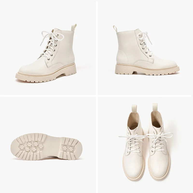 

Ankle Boots Women Genuine Cow Leather Lace-Up Round Toe Lady Booties Autumn Winter Platform Sole Shoes Handmade