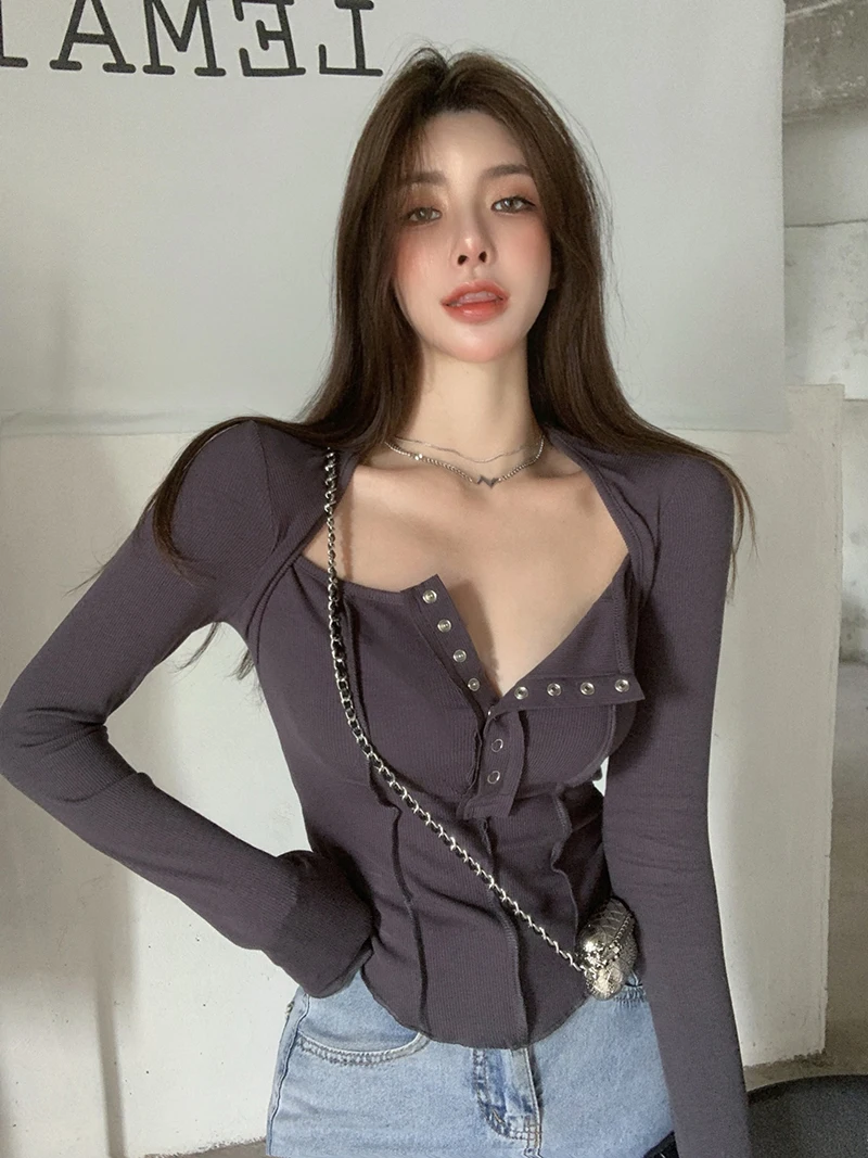 

Abbigliamento Moda Coreana 2021 T-shirt Slim Casual Per Donna O Collo Manica Lunga Sexy Crop Top Sexy Nightclub Style