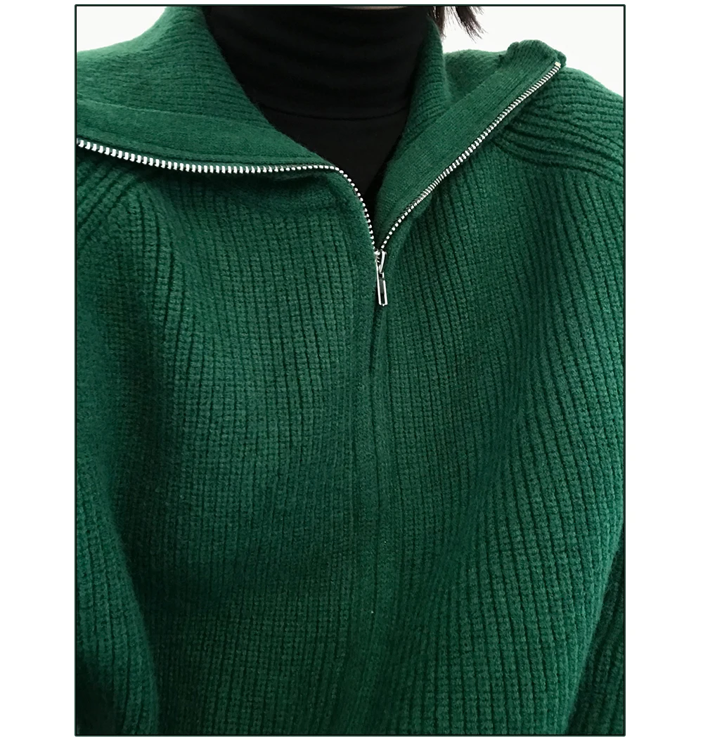 

ZCSMLL green coat Korea ins autumn and winter retro lapel zipper loose casual wild long-sleeved knitted cardigan sweater