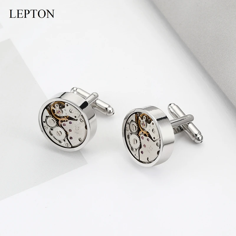 Lepton Watch Movement Cufflinks Wedding Groom Silver Color Round Steampunk Gear Watch Mechanism Cuff links for Mens Best Gift