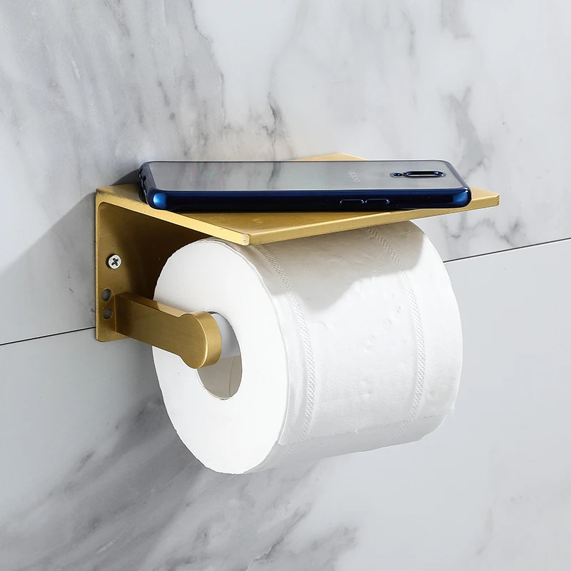 brushed gold bathroom toilet towel paper holder phone holder wall mount wc paper holder with shelf towel rack clothes hanger free global shipping