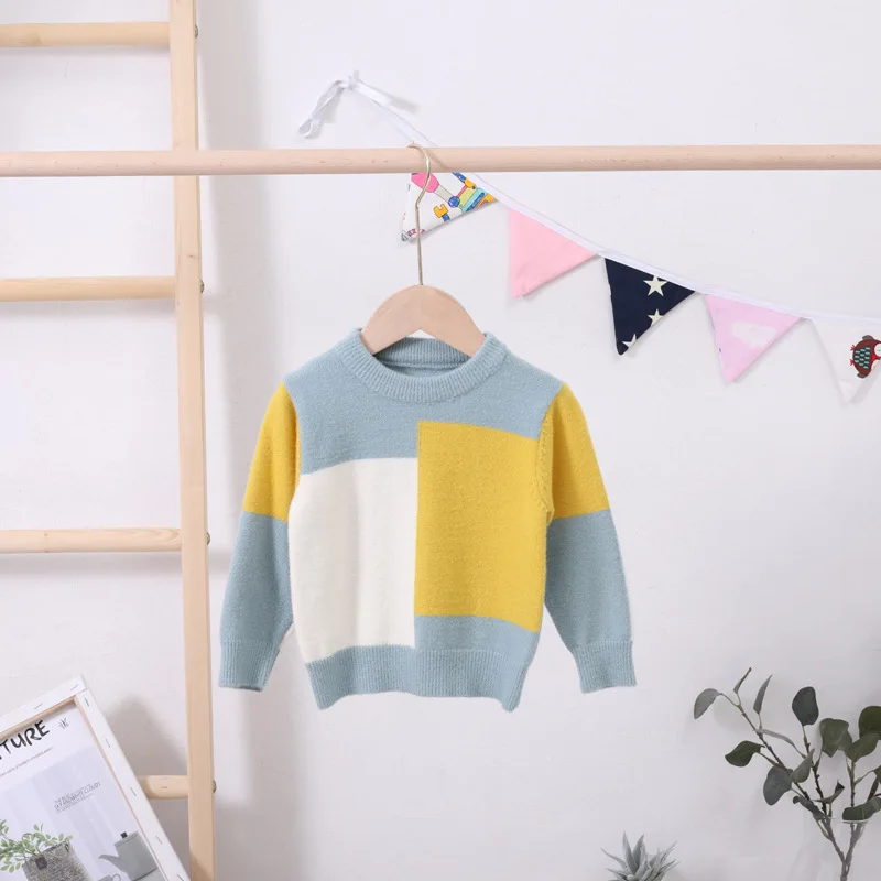 Autumn Winter Toddler Boys Sweater Baby Knitwear Tops Plaid Patchwork Kids Pullover Girls Clothes RT163