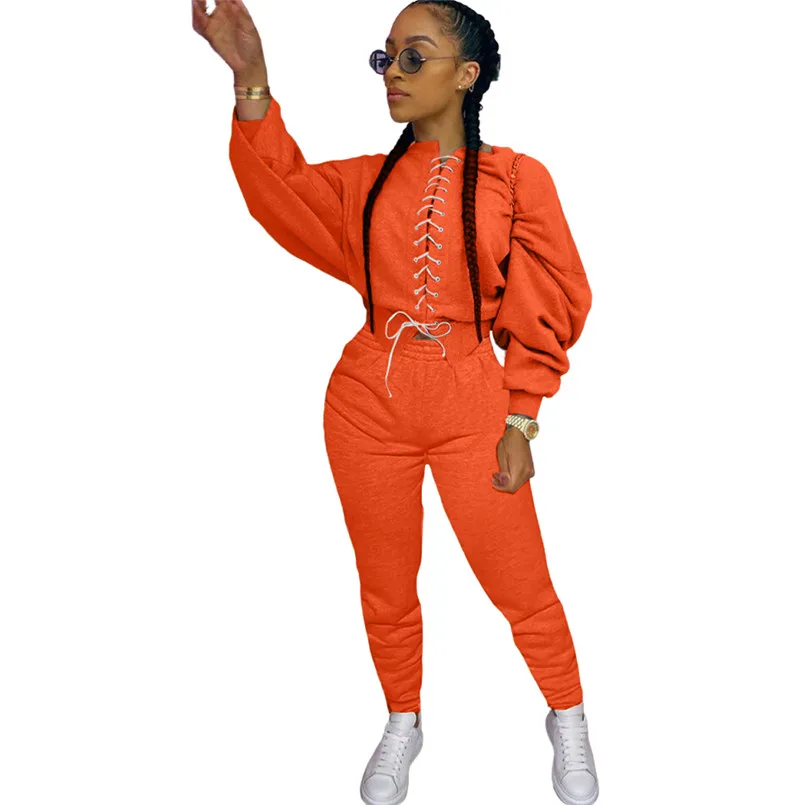 

Women Solid Color 2 Pcs Sets Long Sleeve Tie Up Sweatshirt + Long Pant Casual Outfits Tracksuits