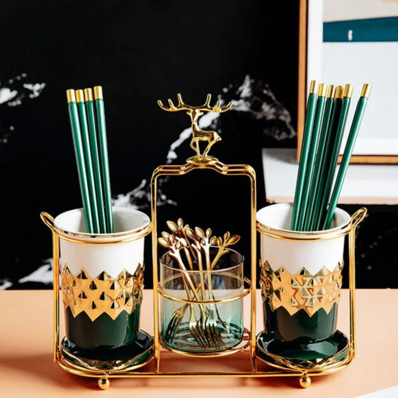 

Ceramic Marble Storage Chopstick Jar Ceramic Storage Jar Grain Gold Kitchen Organizer Luxury Chopsticks Drain Rack Accessory