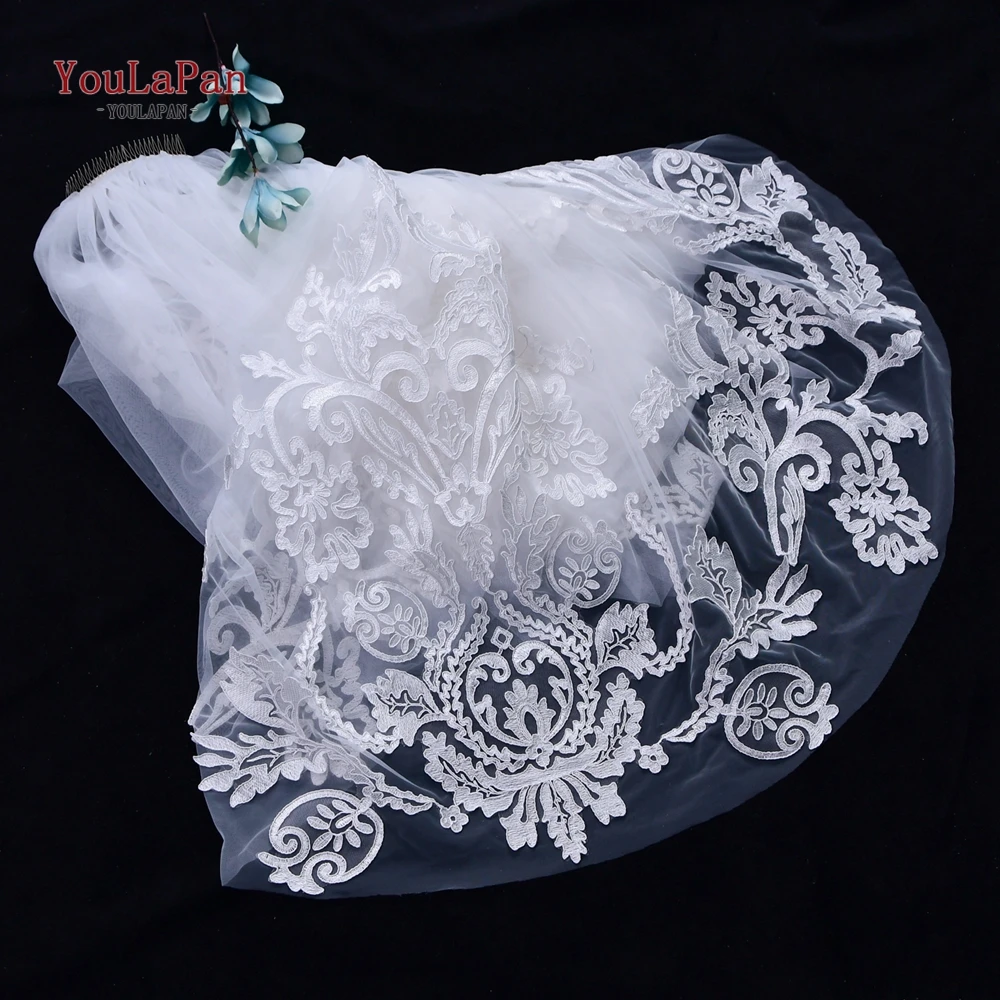 

YouLaPan V62 Beautiful 3M Wedding Veil with Flower-Leaf Appliqued Edge White Marriage Tulle with Hair Comb for Bride Hot Sell