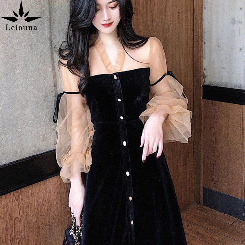 

Женское длинное платье Leiouna, золотистое однобортное Марлевое бархатное платье платикодона с пышными рукавами для весны, 2020