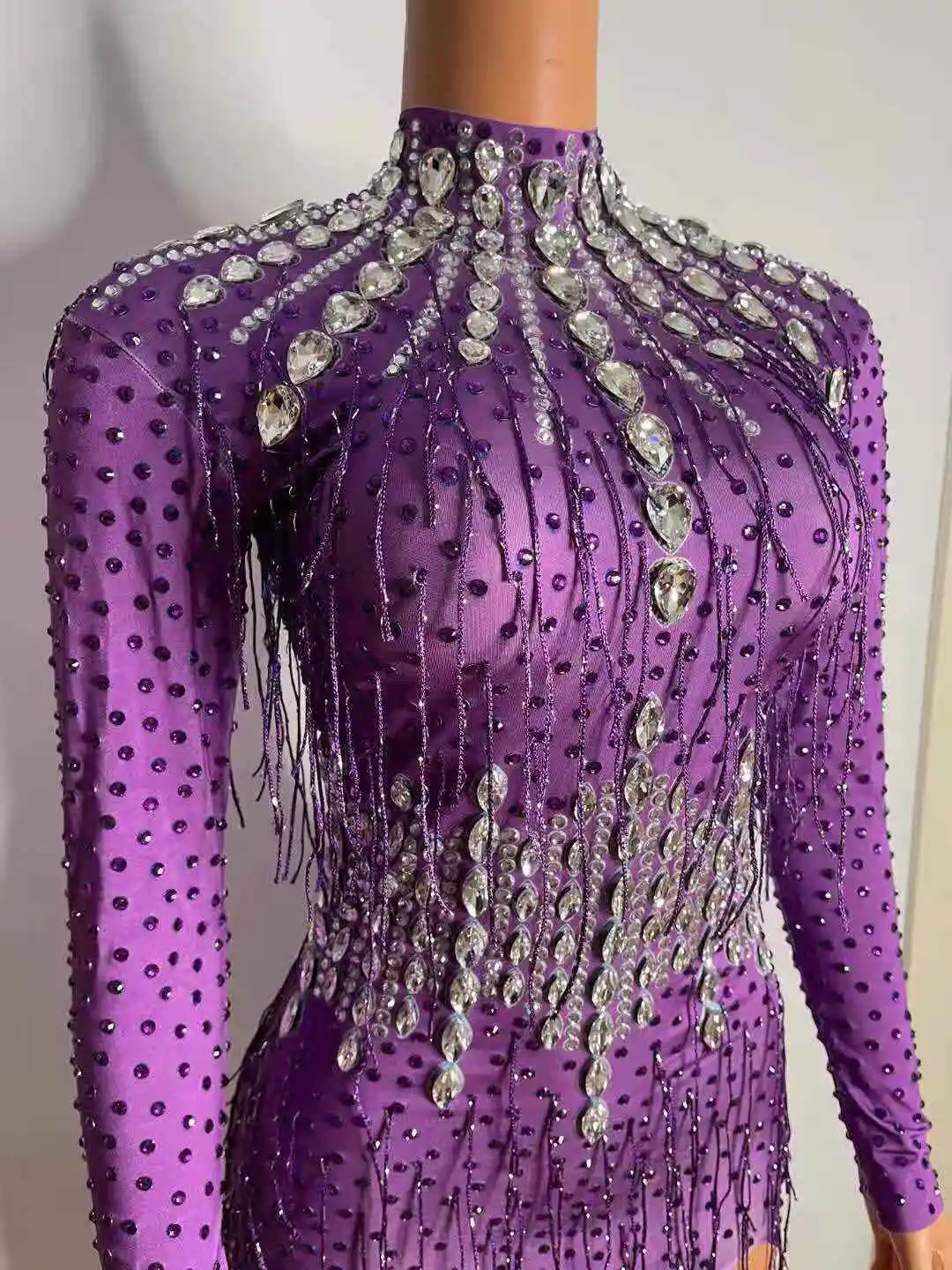 

Sparkly Purple Diamonds Tassel Long Sleeve Celebrity Evening Party Dress 2021 Birthday Prom Bar Women Performance Dress