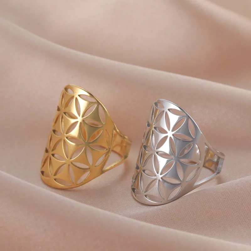 

Women Flower Rings Gold Color Stainless Steel Geometric Resizable Ring Wide Ring Jewelry Anniversary Friend Gift Party Jewelry