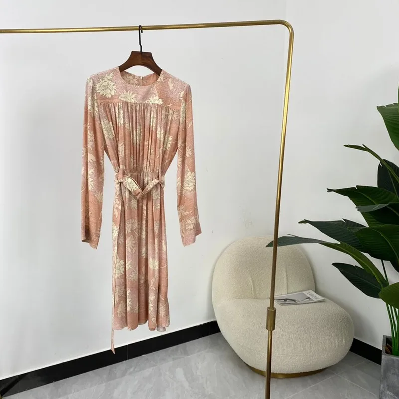 

High Quality Summer Women Fashion Pink Long Sleeve Floral Print Knee Length Dresses