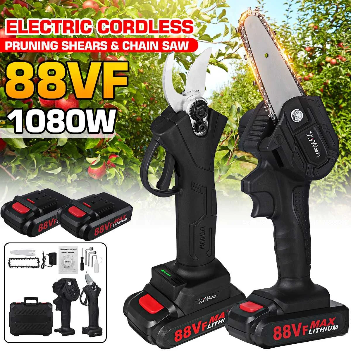 188VF 1080W Cordless Electric Chain Saw Pruner Electric Pruning Shear Wood Cutter Power Tool Branches Cutter Set With Battery