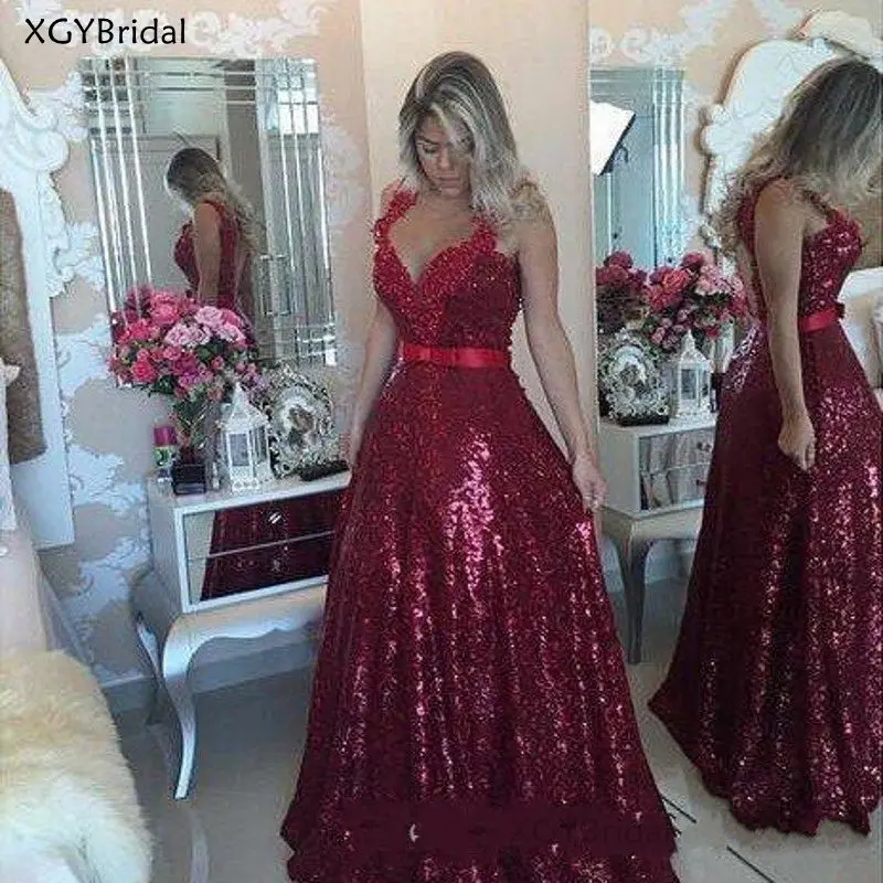 

Prom Gowns Burgundy Formal Dresses Sequins Bling abiye Appliques robe de soiree Party Dress Vestido Formatura