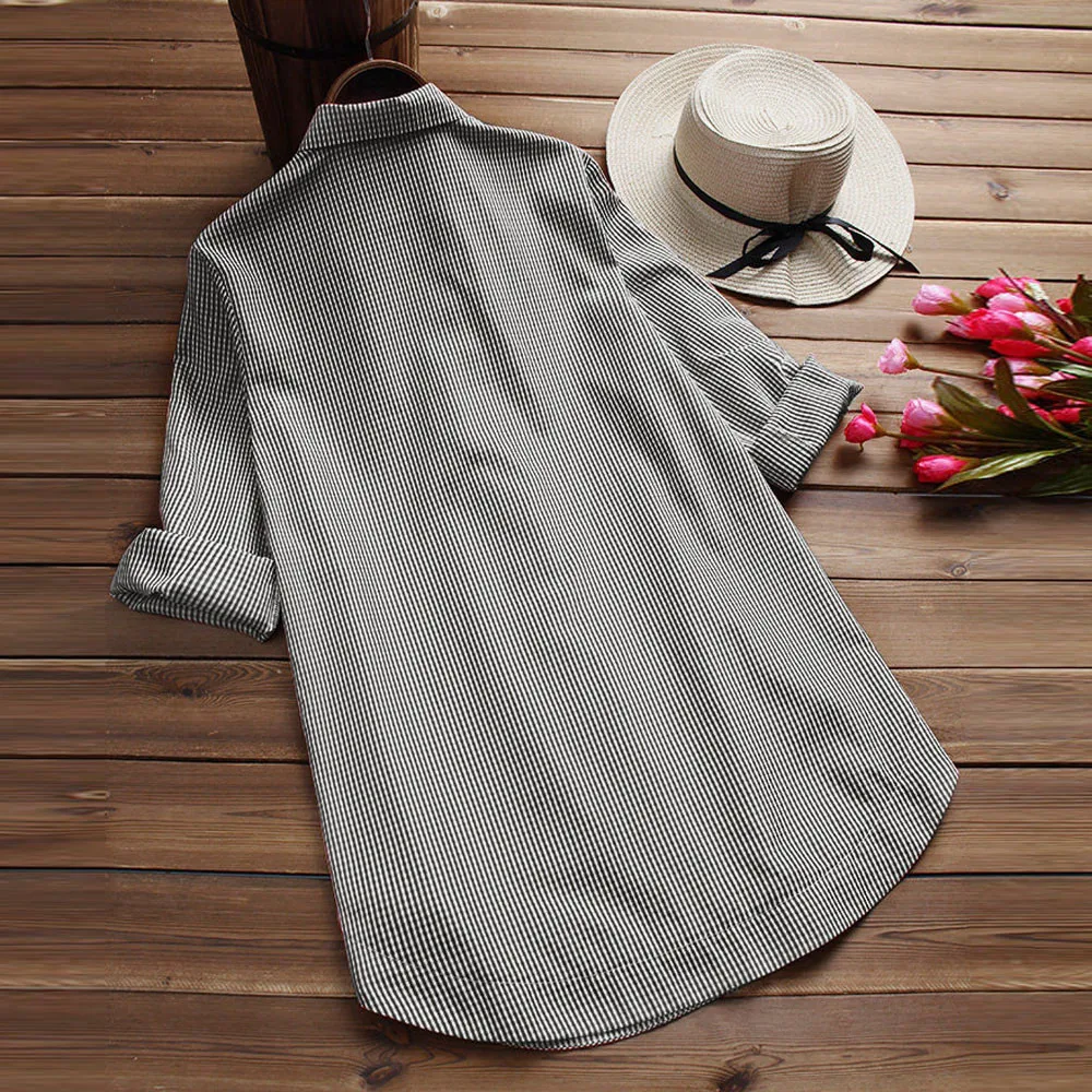 

Mandylandy Women's Casual Striped Blouses Spring and Autumn Fashion Double Breasted Long Sleeve Turn-down Collar Loose Blouses