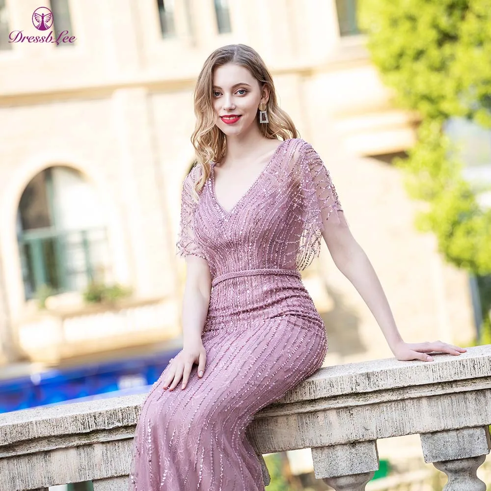 Sparkly Pink V-Neck Crystal Evening Dresses 2020 Half Sleeves Mermaid Sexy Elegant Formal Evening Dress robe de soiree