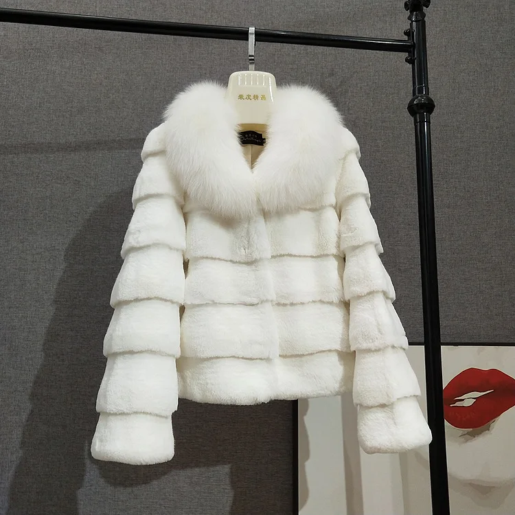 

2021 Autumn And Winter New Whole Leather Imitation Rex Rabbit Fur V-neck Fur Coat Female Short Imitation Fox Fur Collar