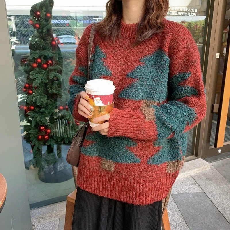 

Красный пуловер в стиле ретро, женский свободный шикарный осенний топ в ленивом стиле, мягкий свитер в стиле колледжа