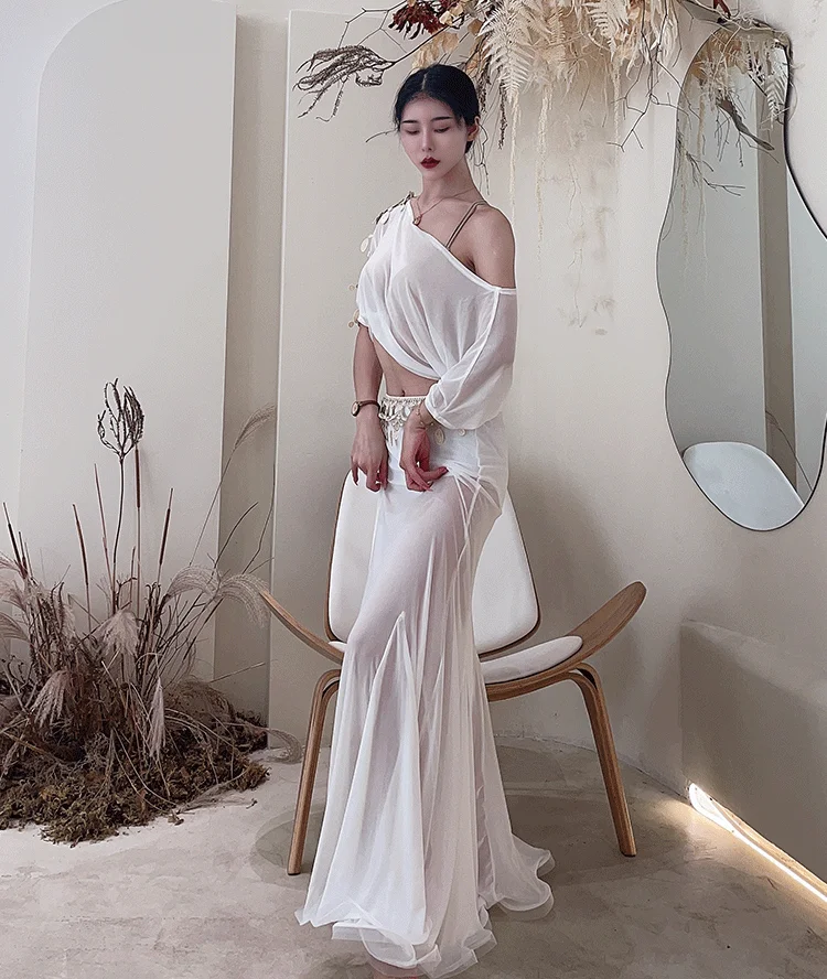 Женский костюм для танца живота белый выступлений из сетчатой ткани с топом и