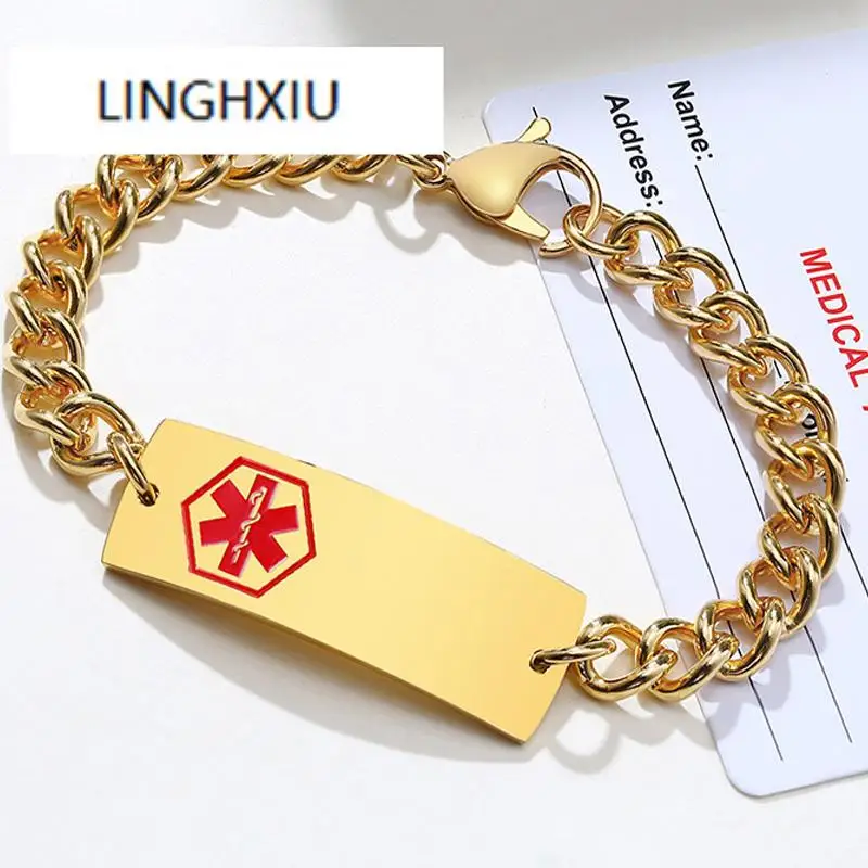 

Free Engraving Medical Alert ID Bracelet For Men Stainless Steel Curb Link Personalized Customized DIABETES PENICILLIN ALLERGY