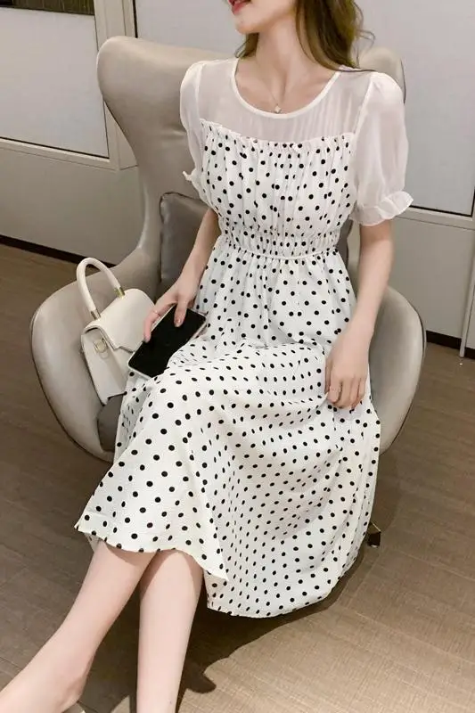 

COIGARSAM Polka Dot Women dress New Summer Chiffon High Waist Dresses White Black 2025