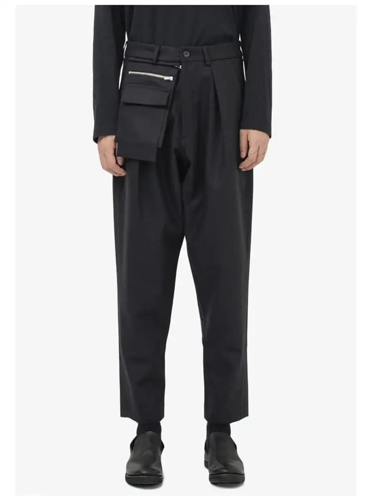 Simple autumn and winter black leggings pocket exterior decoration design men's nine minute trousers casual pants