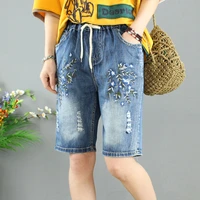 womens vintage denim shorts floral embroidery summer capri shorts ladies ripped jeans mujer calca jeans feminina