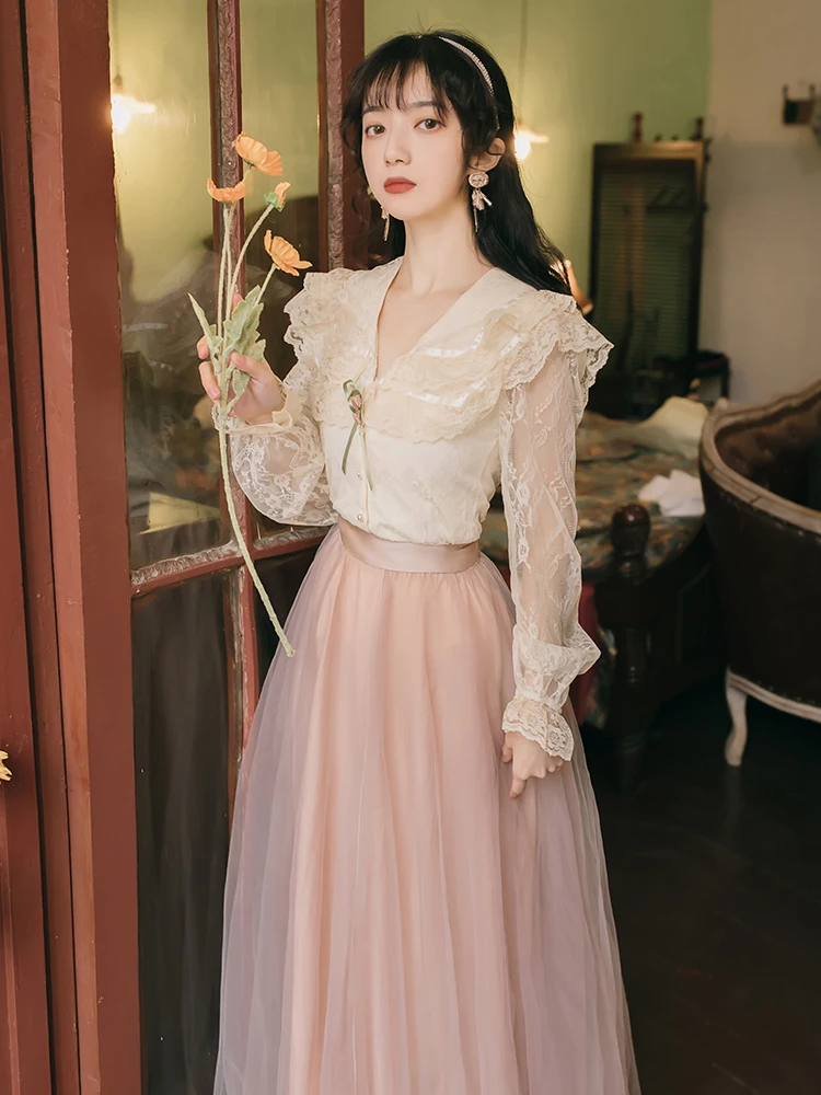 Женский элегантный костюм с юбкой расклешенные рукава милая кукла кружевная