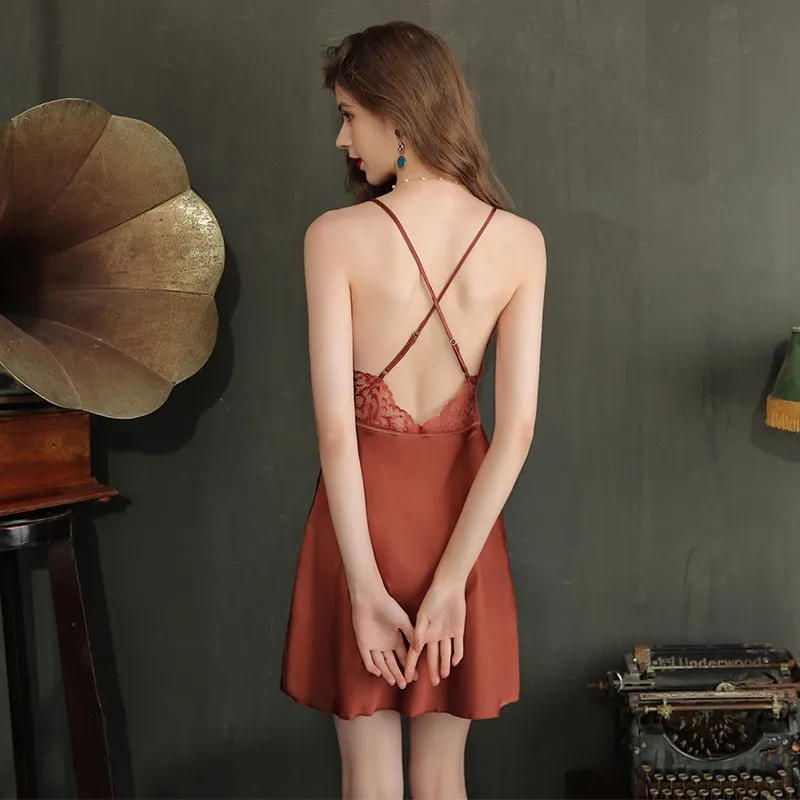 

Satin Nighty&Robe Suit Silky Sexy New Nightwear Lace Patchwork Homewear Intimate Lingerie Women Kimono Bathrobe Gown Sleepwear